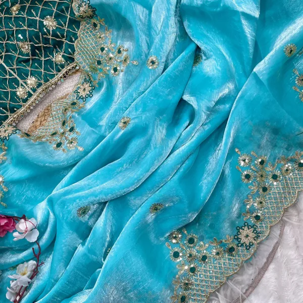 New Satin Silk Firozi Heavy Embroidery Saree for Women