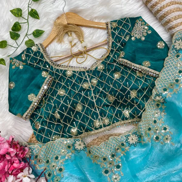 New Satin Silk Firozi Heavy Embroidery Saree for Women