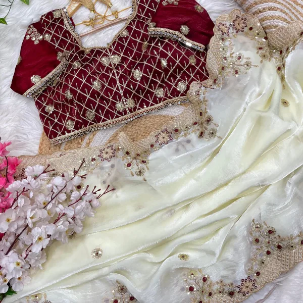 New Satin Silk White Heavy Embroidery Saree for Women