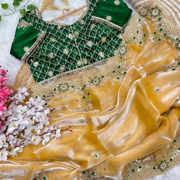 New Satin Silk Yellow Heavy Embroidery Saree for Women