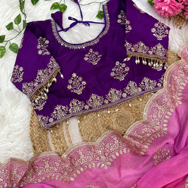 Ombre Pattern Pink Heavy Embroidery Saree for Women