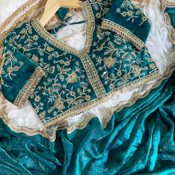 Teal Blue Satin Silk Saree with Fancy Diamond Work Finish