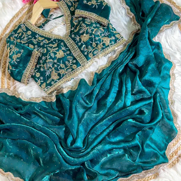 Teal Blue Satin Silk Saree with Fancy Diamond Work Finish