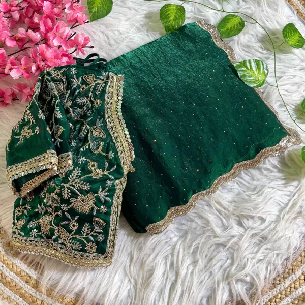 Green Satin Silk Saree with Fancy Diamond Work Finish