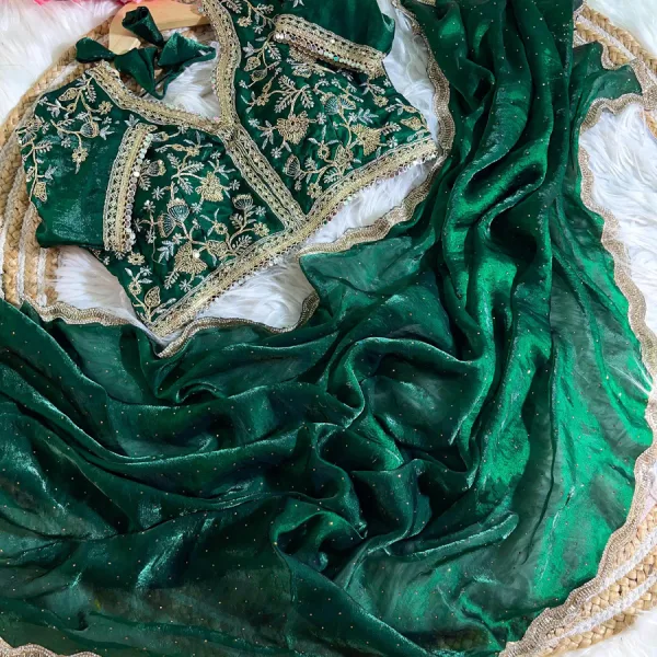 Green Satin Silk Saree with Fancy Diamond Work Finish