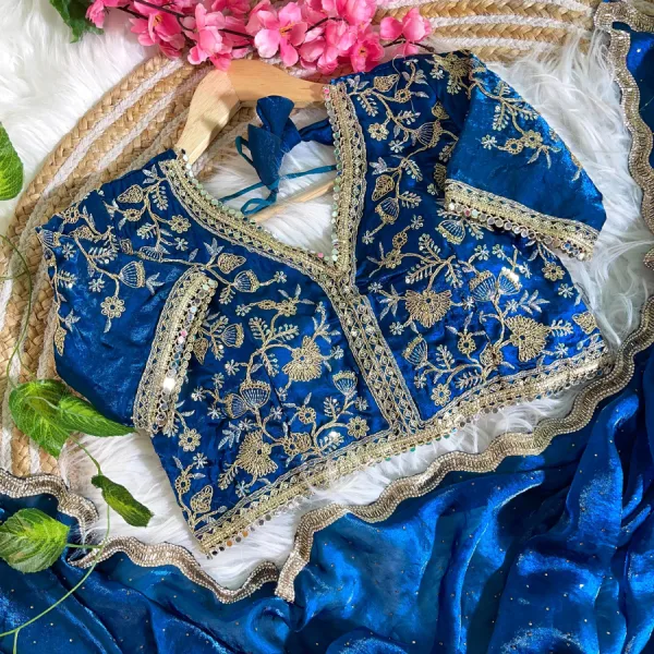 Blue Satin Silk Saree with Fancy Diamond Work Finish