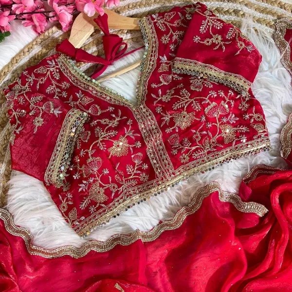 Red Satin Silk Saree with Fancy Diamond Work Finish