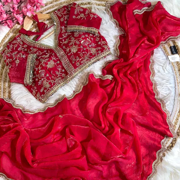 Red Satin Silk Saree with Fancy Diamond Work Finish