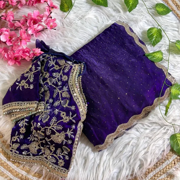 Purple Satin Silk Saree with Fancy Diamond Work Finish