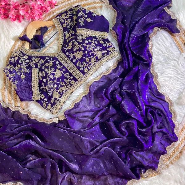 Purple Satin Silk Saree with Fancy Diamond Work Finish