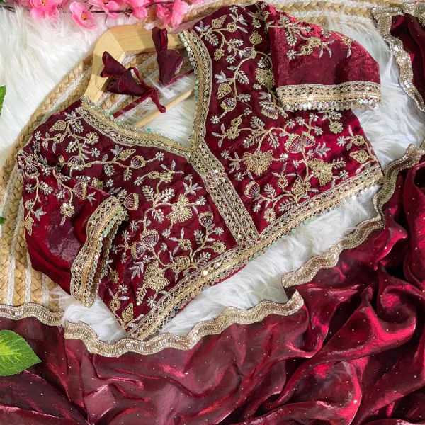 Maroon Satin Silk Saree with Fancy Diamond Work Finish