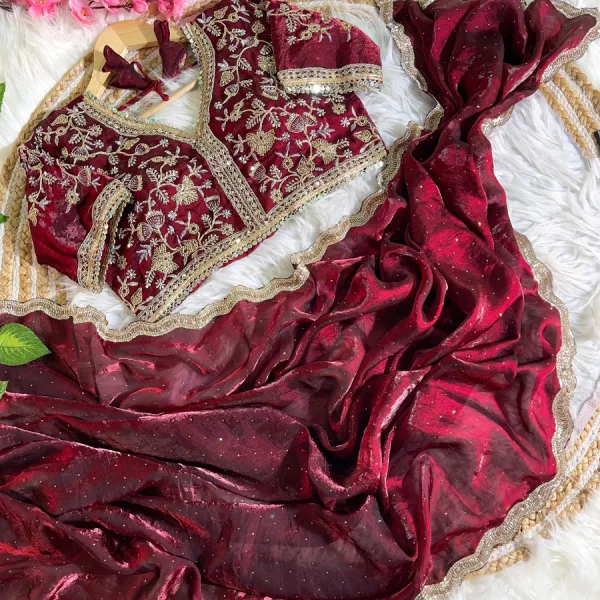 Maroon Satin Silk Saree with Fancy Diamond Work Finish