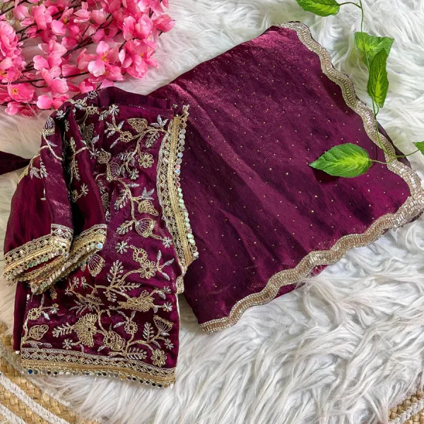 Magenta Satin Silk Saree with Fancy Diamond Work Finish
