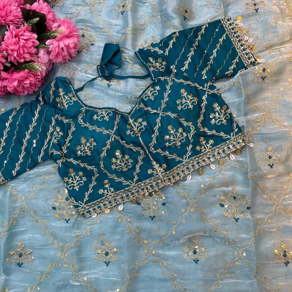 Pure Jimmi Choo Silk Sky Blue Saree Heavy Embroidery for Women