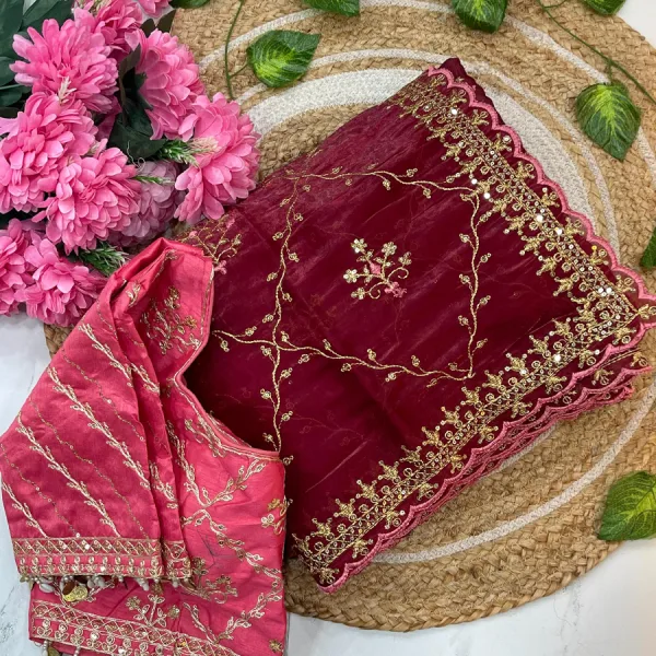 Pure Jimmi Choo Silk Maroon Saree Heavy Embroidery for Women