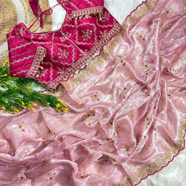 Pure Jimmi Choo Silk Pink Saree Heavy Embroidery for Women