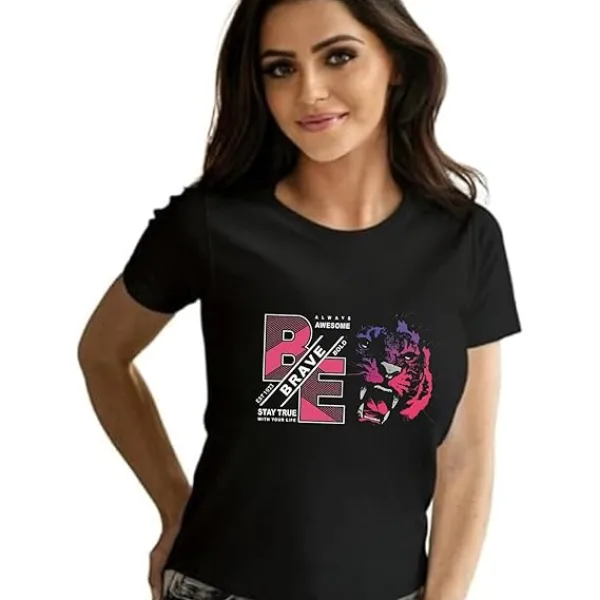 Stylish Graphic Tee for Women – 100% Cotton Printed Black T-Shirt