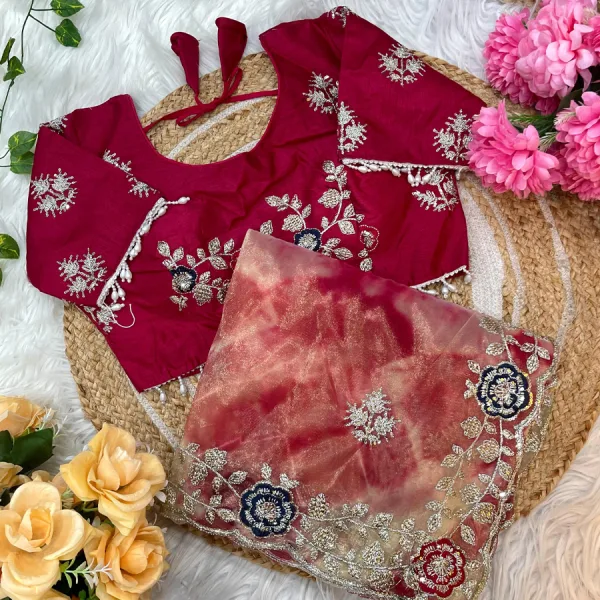 Designer Abstract Printed Red Twile Net Saree Festival Wear