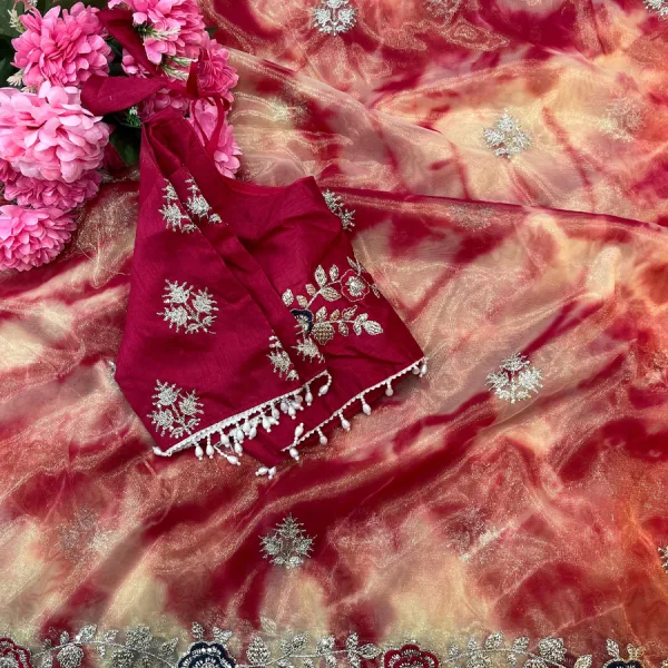 Designer Abstract Printed Red Twile Net Saree Festival Wear