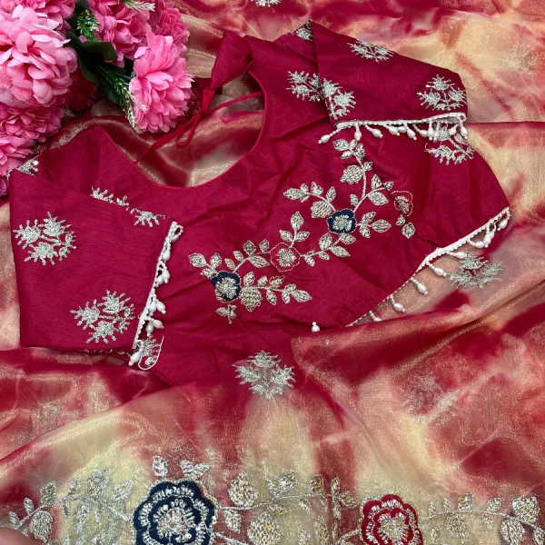 Designer Abstract Printed Red Twile Net Saree Festival Wear