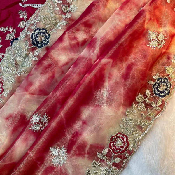 Designer Abstract Printed Red Twile Net Saree Festival Wear