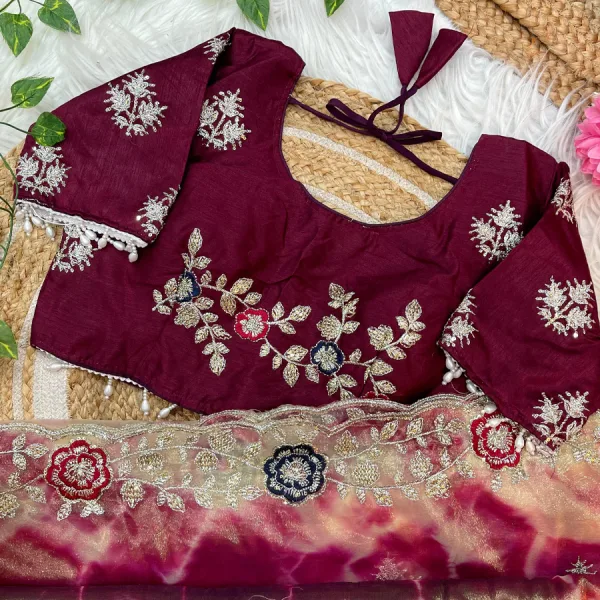 Designer Abstract Printed Maroon Twile Net Saree Festival Wear