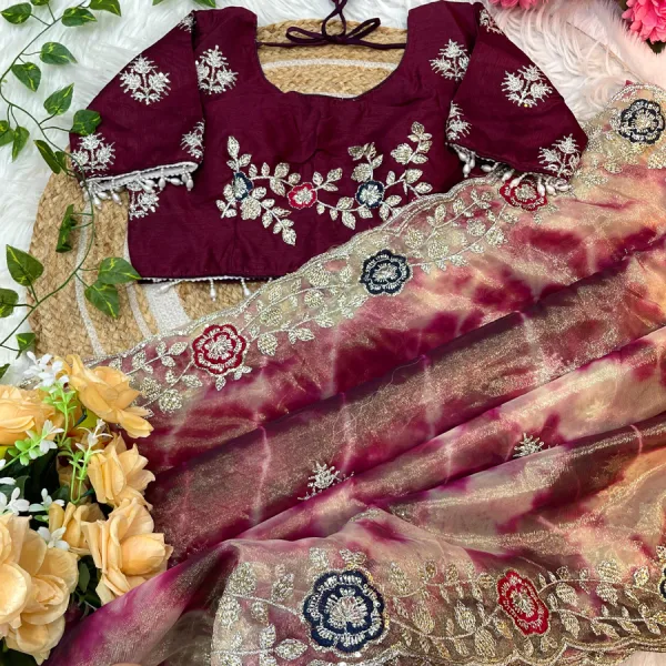 Designer Abstract Printed Maroon Twile Net Saree Festival Wear