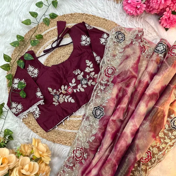 Designer Abstract Printed Maroon Twile Net Saree Festival Wear