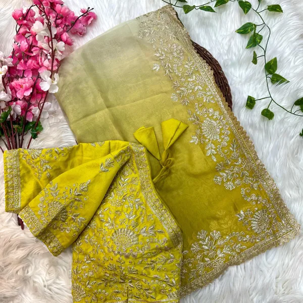 Fancy Ombre Pattern Tabby Silk Embroidery Saree for Women