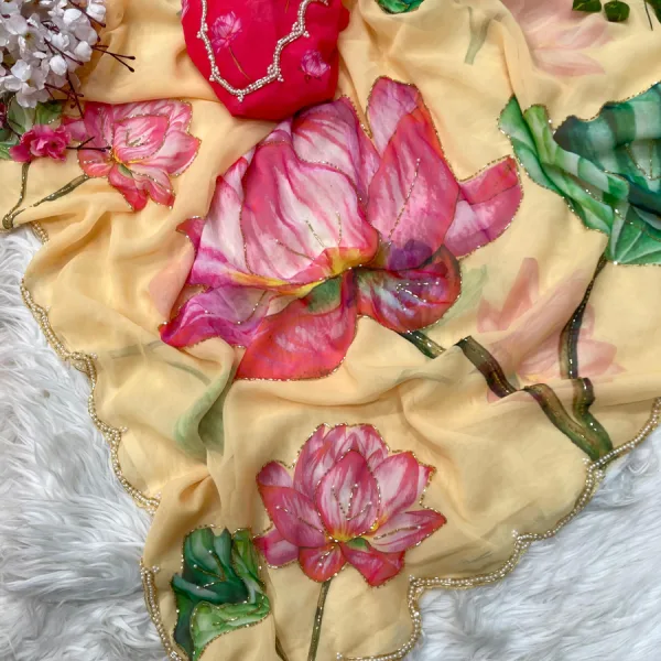 Georgette Floral Printed Saree with Cut Dana Hand Work