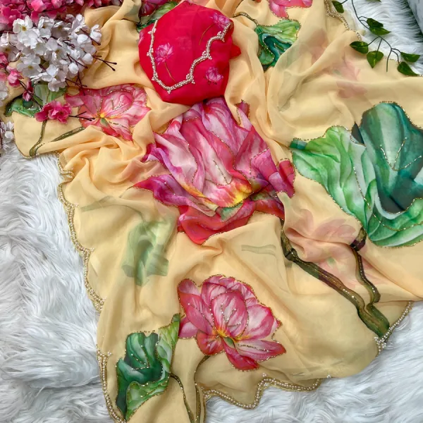 Georgette Floral Printed Saree with Cut Dana Hand Work