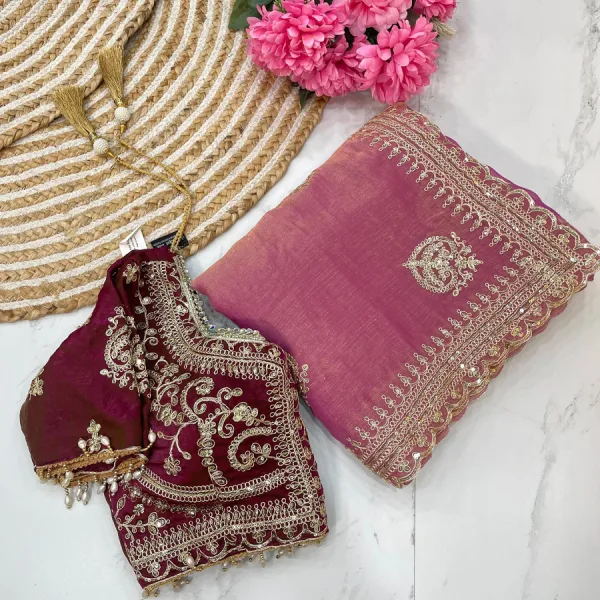 Pink Ton-to-Ton Chiffon Silk Saree Heavy Embroidery for Women