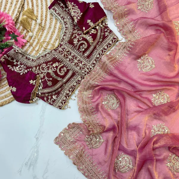 Pink Ton-to-Ton Chiffon Silk Saree Heavy Embroidery for Women