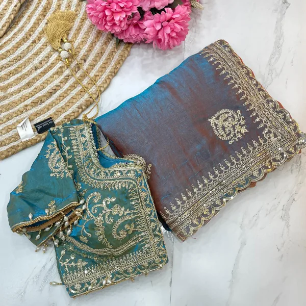 Sky Blue Ton-to-Ton Chiffon Silk Saree Heavy Embroidery