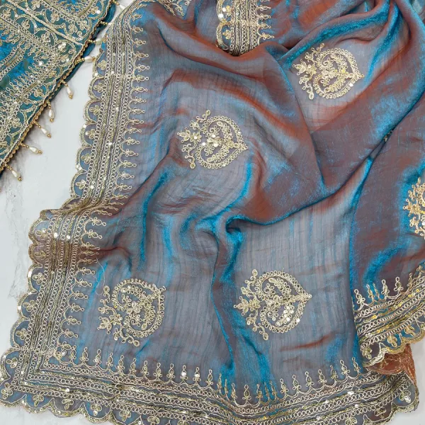 Sky Blue Ton-to-Ton Chiffon Silk Saree Heavy Embroidery