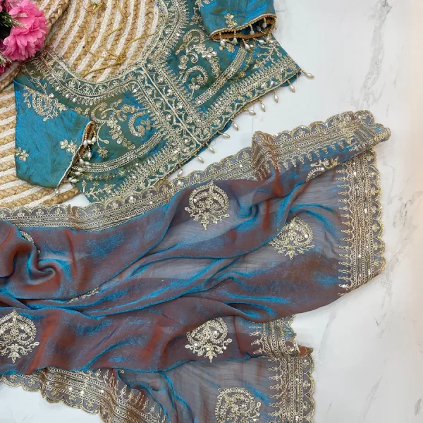 Sky Blue Ton-to-Ton Chiffon Silk Saree Heavy Embroidery