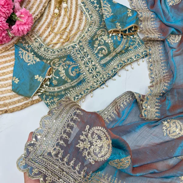 Ton To Ton Sky Blue Chiffon Silk Heavy Embroidery Saree For Women