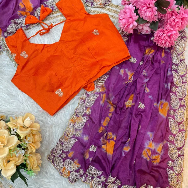 Digital Printed Purple Chiffon Silk Saree for Women