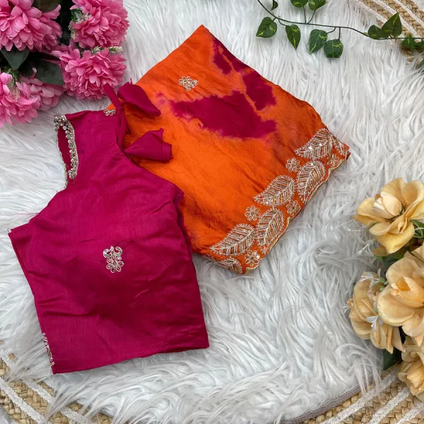 Digital Printed Orange Chiffon Silk Saree for Women