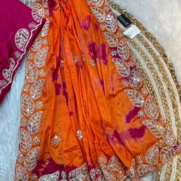 Digital Printed Orange Chiffon Silk Saree for Women