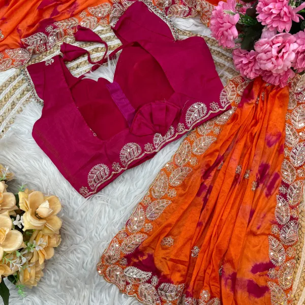 Digital Printed Orange Chiffon Silk Saree for Women