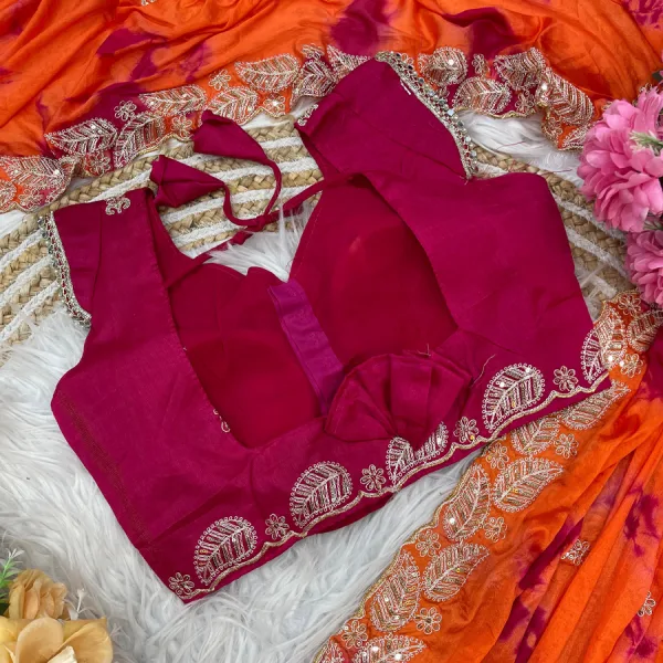 Digital Printed Orange Chiffon Silk Saree for Women