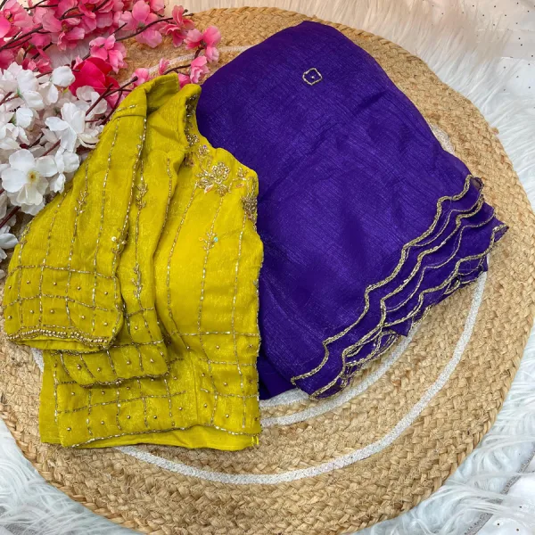 Designer Purple Crunchy Silk Saree with Contrast Blouse