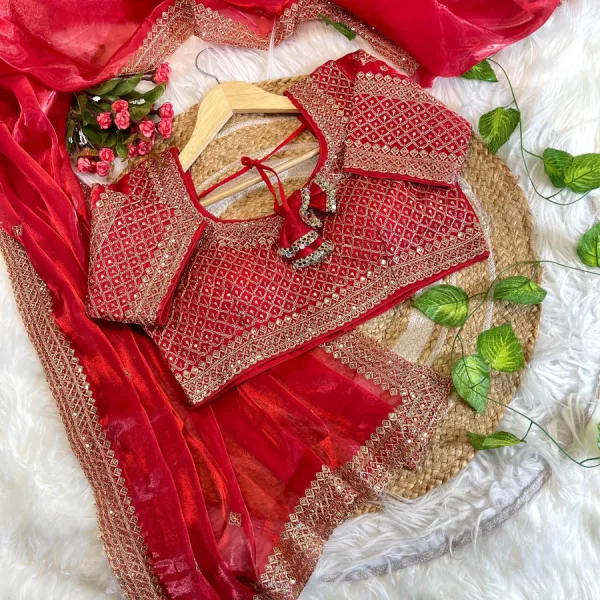 Trendy Jimmi Choo Red Saree Heavy Embroidery for Women