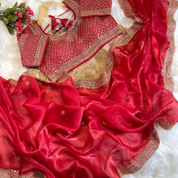 Trendy Jimmi Choo Red Saree Heavy Embroidery for Women
