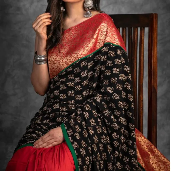 Pure Cotton Ajrak Print Saree with Rich Red Zari Pallu