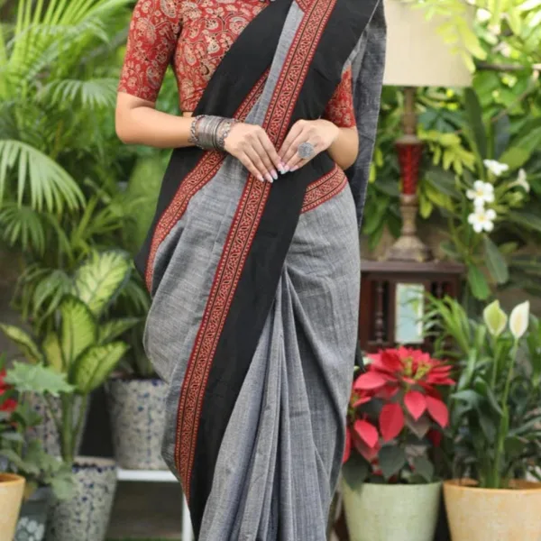 Elegant Pure Cotton Ajrak Saree Traditional Grey with Black Border