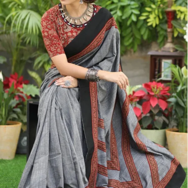 Elegant Pure Cotton Ajrak Saree Traditional Grey with Black Border