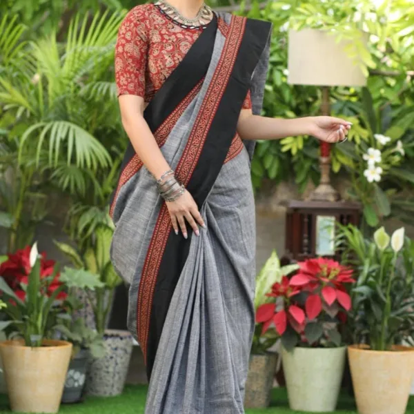 Elegant Pure Cotton Ajrak Saree Traditional Grey with Black Border