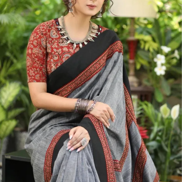 Elegant Pure Cotton Ajrak Saree Traditional Grey with Black Border